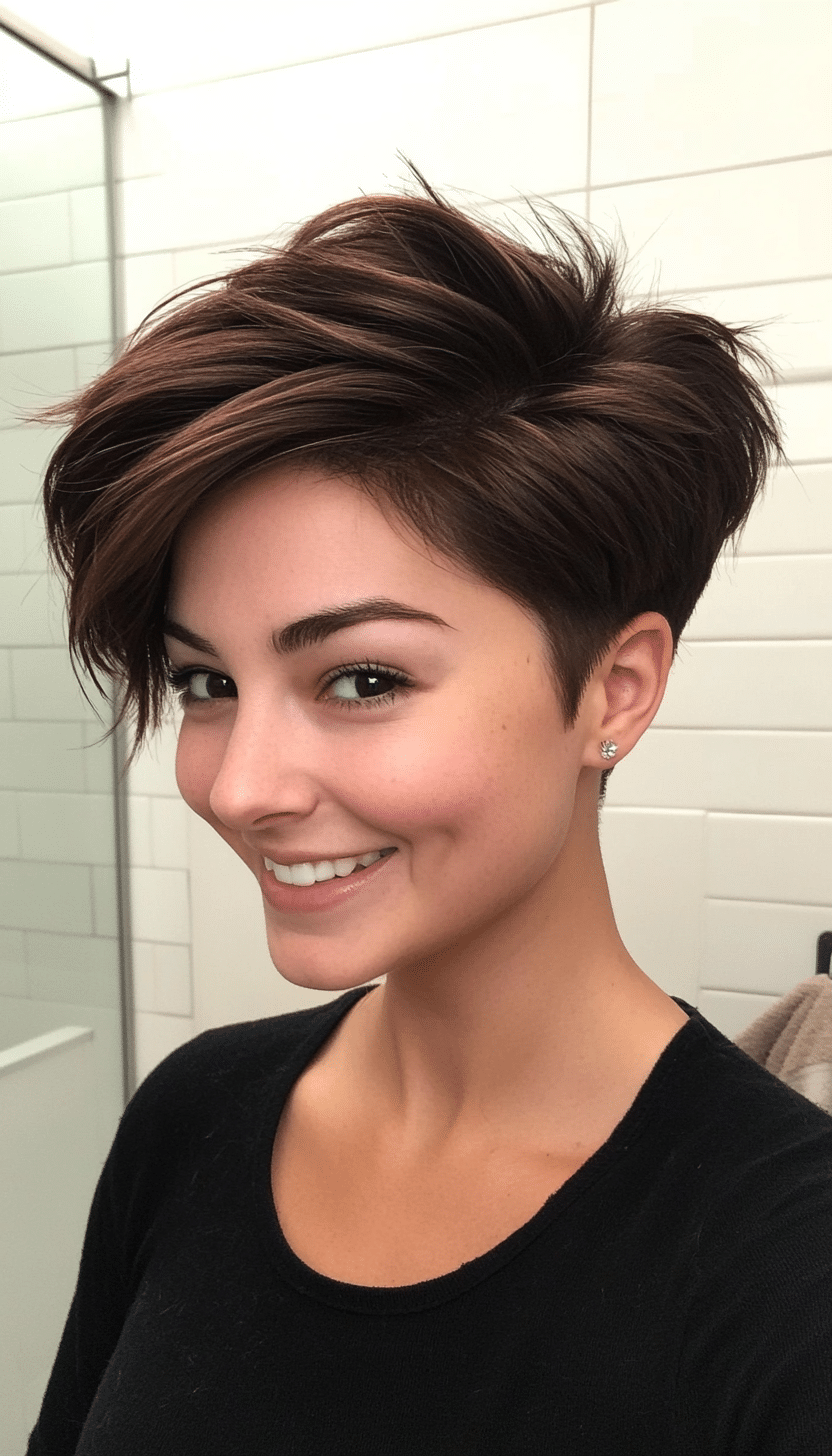 2. Feathered Dark Chestnut Pixie Undercut (Undercut Pixie Hairstyles) - Undercut Pixie Hairstyles