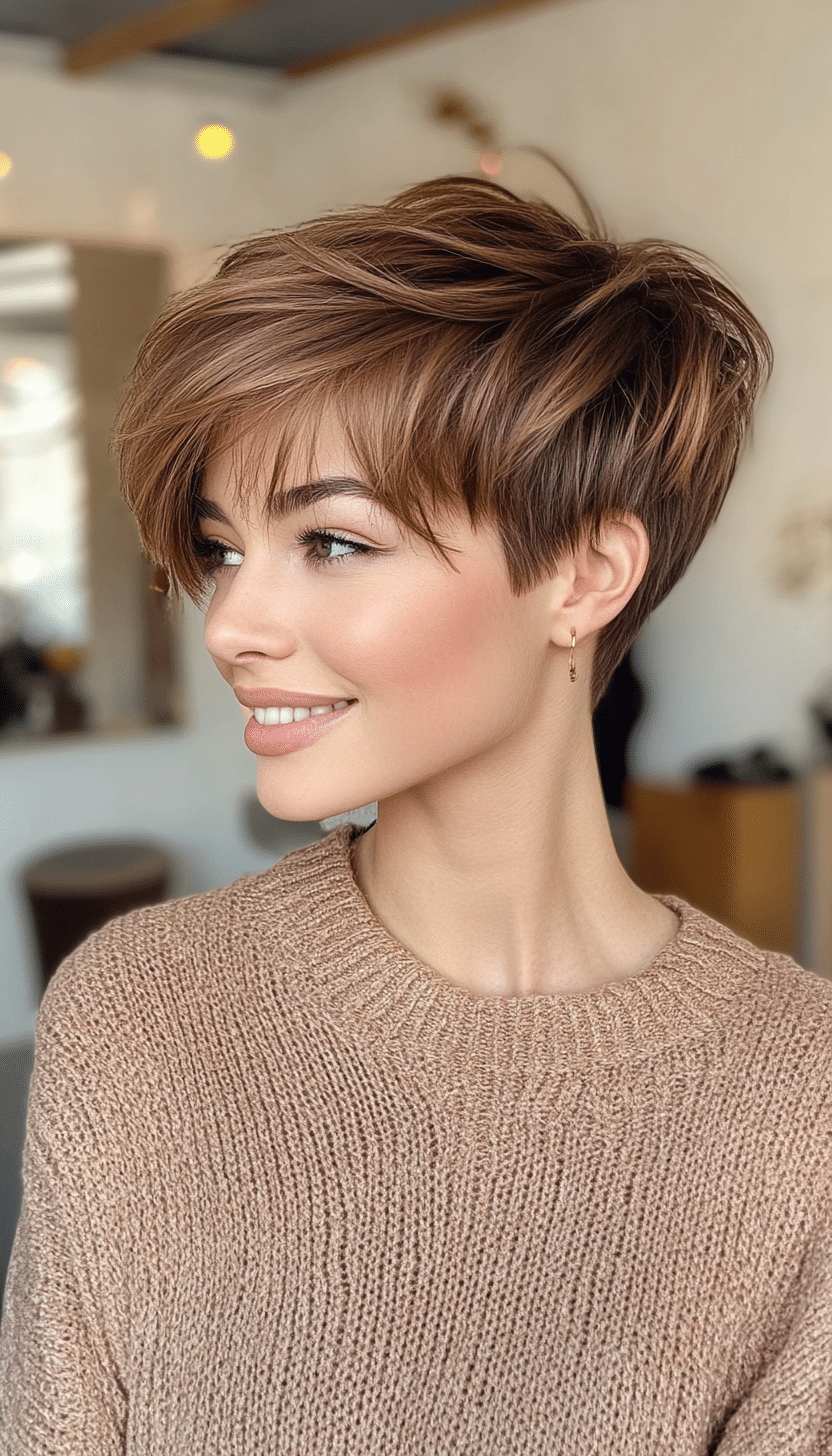 12. Cinnamon Brown Pixie with Asymmetrical Undercut (Undercut Pixie Hairstyles) - Undercut Pixie Hairstyles