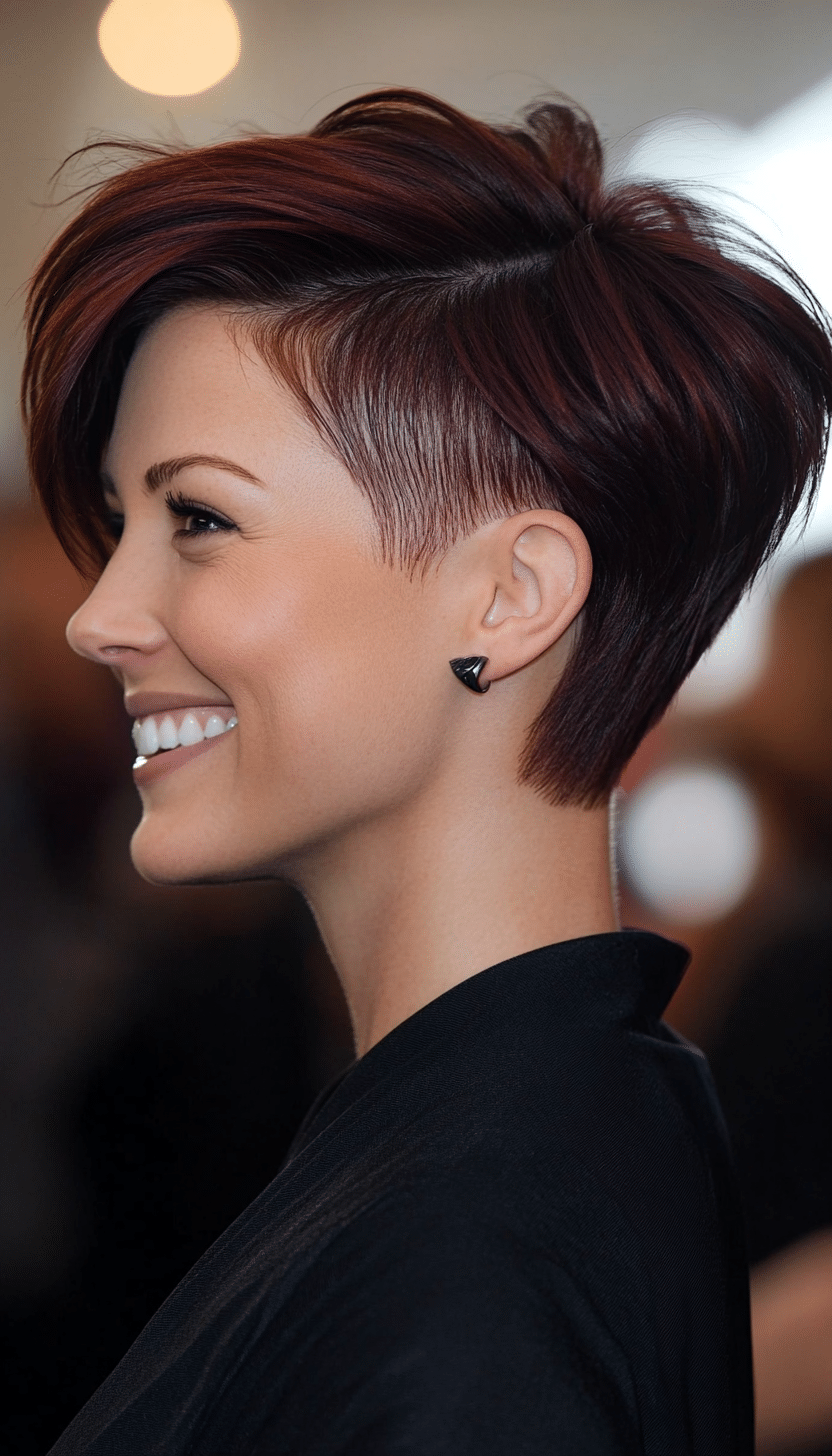 13. Rich Mahogany Undercut Pixie with Tapered Layers (Undercut Pixie Hairstyles) - Undercut Pixie Hairstyles