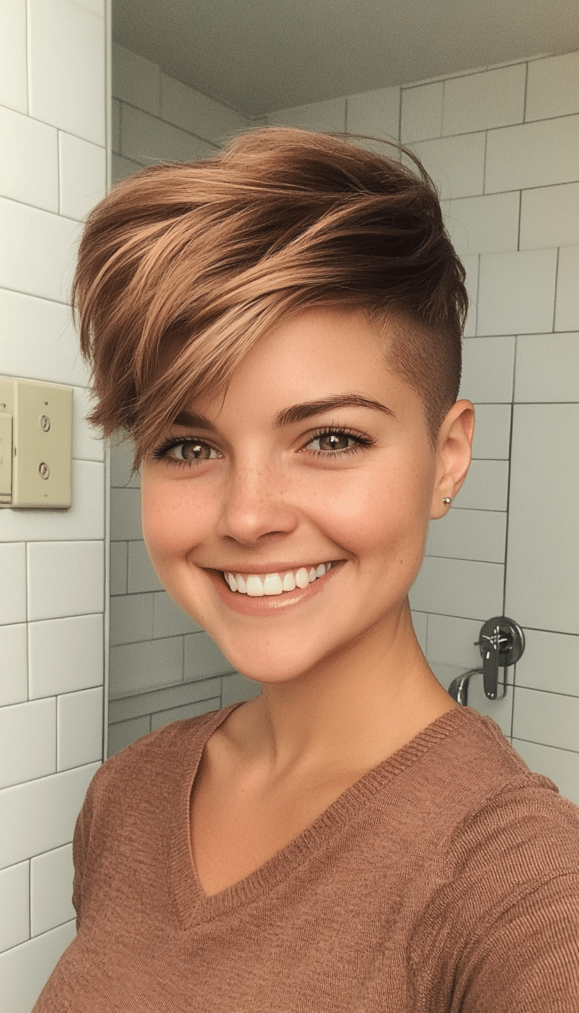 14. Caramel Brown Pixie with Short Cropped Bangs (Undercut Pixie Hairstyles) - Undercut Pixie Hairstyles