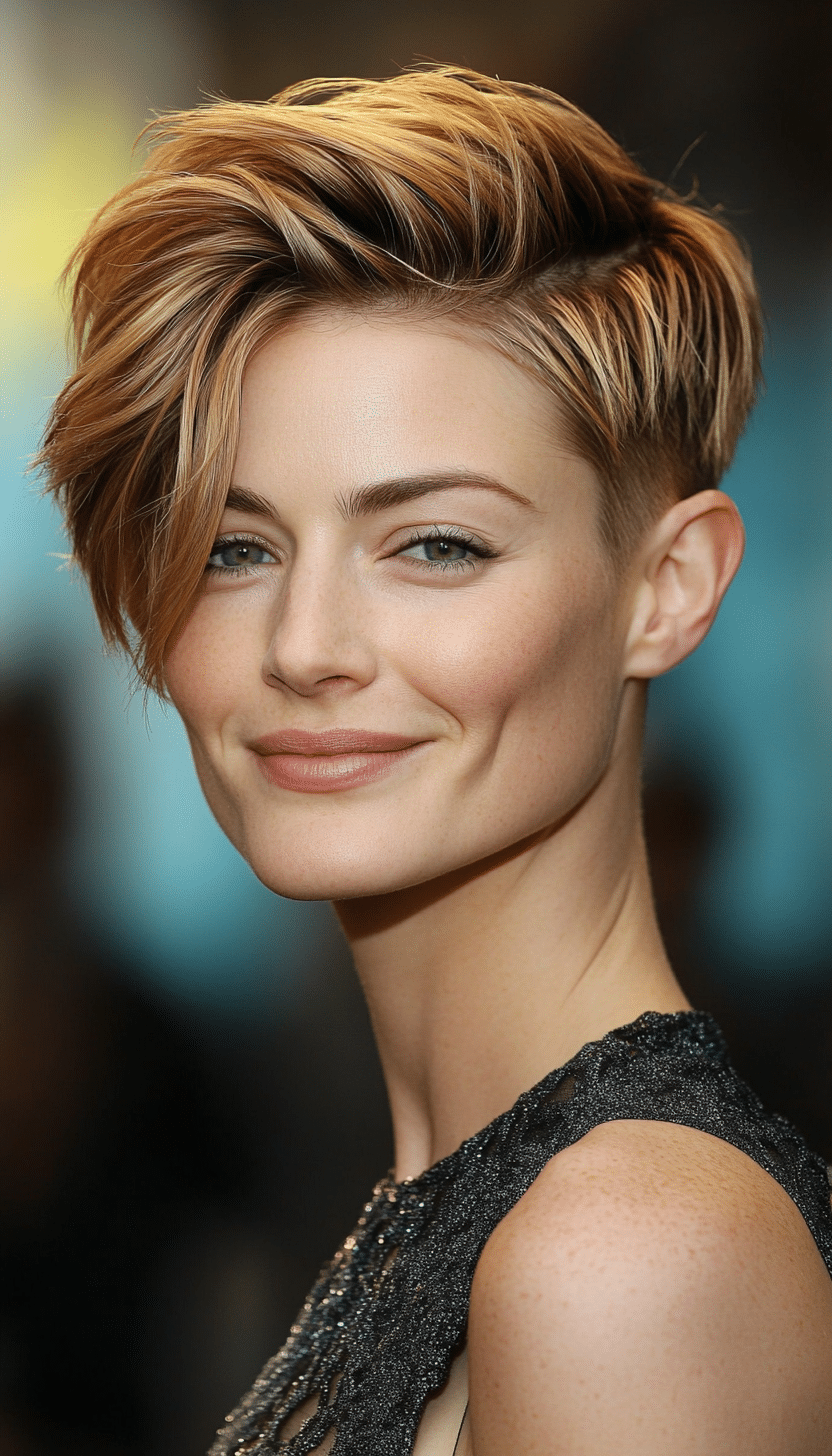 16. Golden Honey Blonde Pixie with Swept-Back Layers (Undercut Pixie Hairstyles) - Undercut Pixie Hairstyles