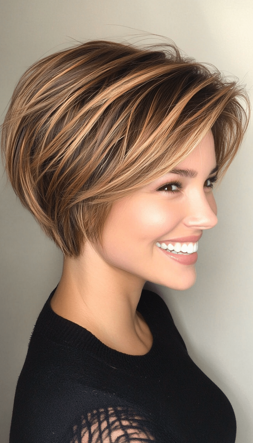 5. Short Shag with Caramel Brown Highlights (Short Haircuts For Women With Straight Hair) - Short Haircuts For Women With Straight Hair