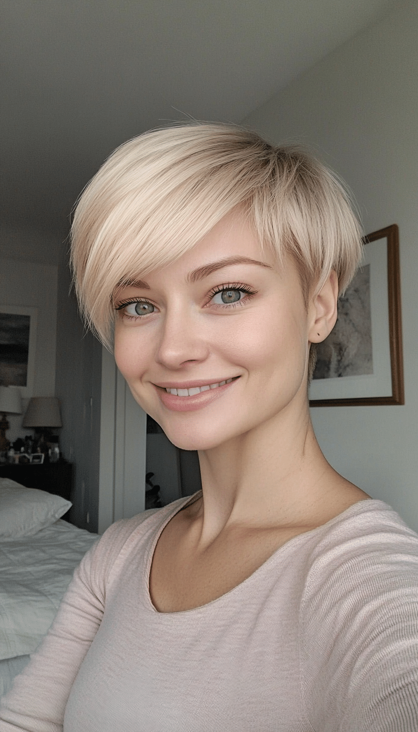 17. Swooped Bangs Pixie with Light Ash Blonde (Short Haircuts For Women With Straight Hair) - Short Haircuts For Women With Straight Hair