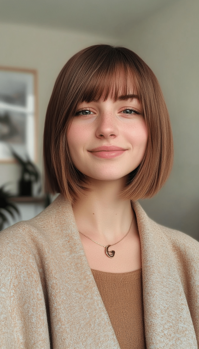 26. Bob with Baby Bangs and Soft Natural Brown (Short Haircuts For Women With Straight Hair) - Short Haircuts For Women With Straight Hair
