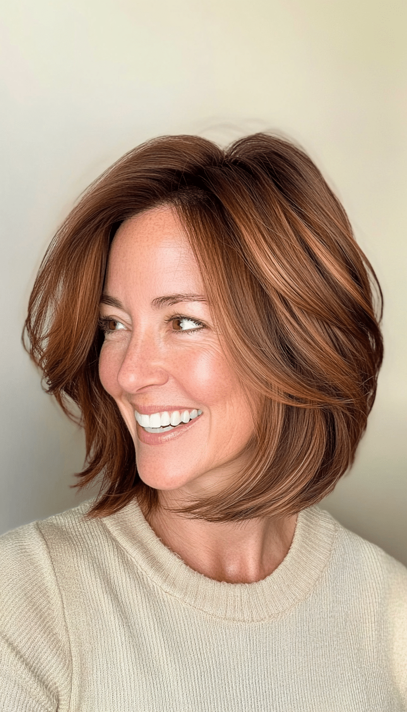 1. Soft Feathered Bob in Warm Chestnut (Layered Bob Haircuts For Women Over 50) - Layered Bob Haircuts For Women Over 50