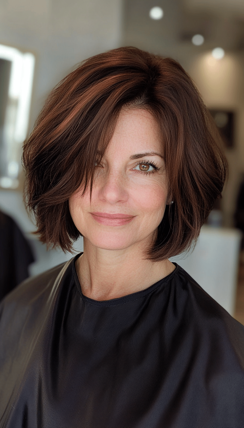 6. Wispy Layered Bob in Dark Mahogany (Layered Bob Haircuts For Women Over 50) - Layered Bob Haircuts For Women Over 50