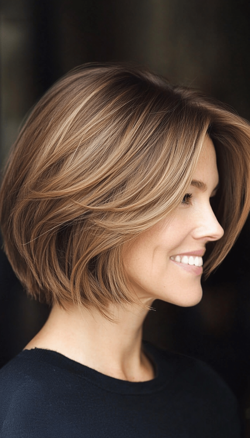 9. Side-Parted Bob in Warm Honey Brown (Layered Bob Haircuts For Women Over 50) - Layered Bob Haircuts For Women Over 50