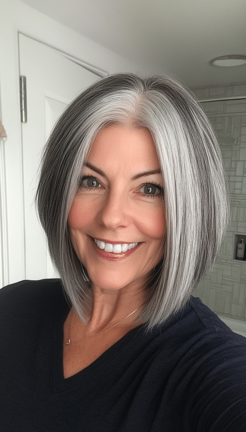 11. Stacked Bob in Deep Charcoal Gray (Layered Bob Haircuts For Women Over 50) - Layered Bob Haircuts For Women Over 50