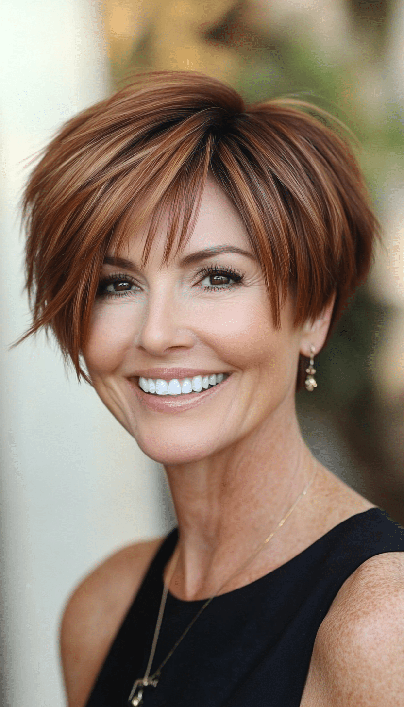15. Pixie Bob in Light Copper Brown (Layered Bob Haircuts For Women Over 50) - Layered Bob Haircuts For Women Over 50