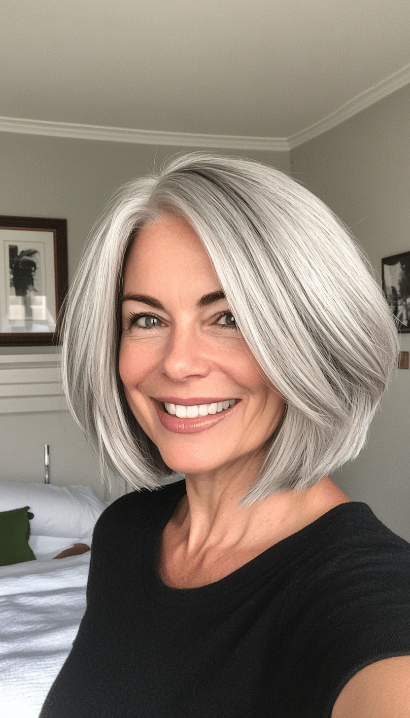 16. Classic Chin-Length Bob in Silver Gray (Layered Bob Haircuts For Women Over 50) - Layered Bob Haircuts For Women Over 50