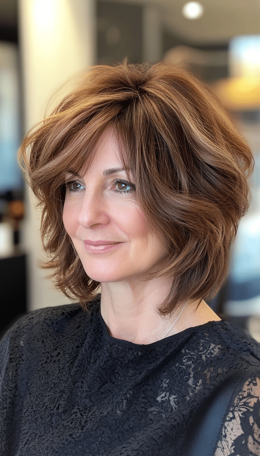 17. Shaggy Layered Bob in Natural Medium Brown (Layered Bob Haircuts For Women Over 50) - Layered Bob Haircuts For Women Over 50