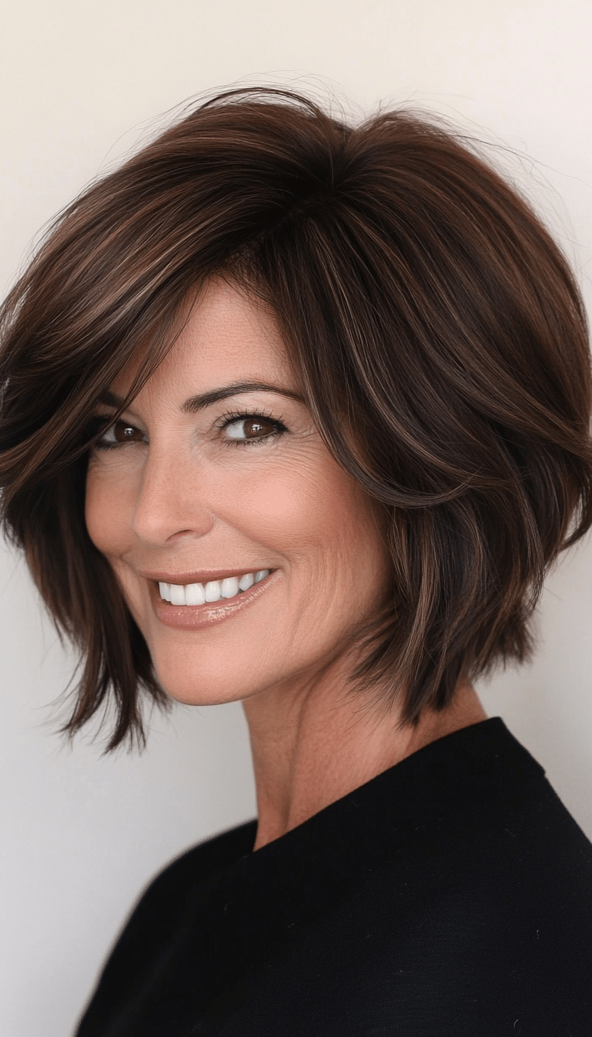 20. Asymmetrical Layered Bob in Cocoa Brown (Layered Bob Haircuts For Women Over 50) - Layered Bob Haircuts For Women Over 50