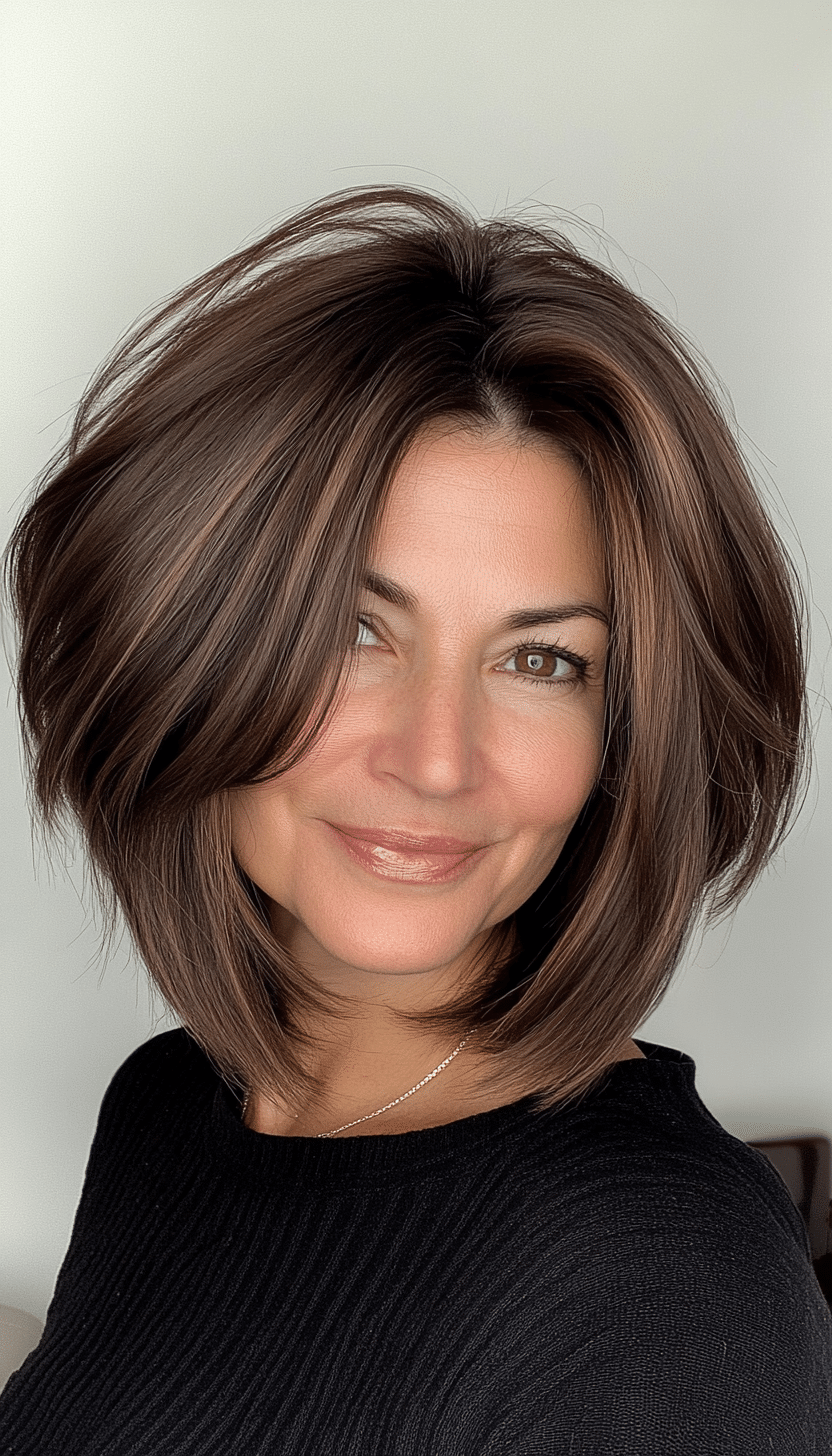 27. Sculpted Bob in Warm Espresso Brown (Layered Bob Haircuts For Women Over 50) - Layered Bob Haircuts For Women Over 50
