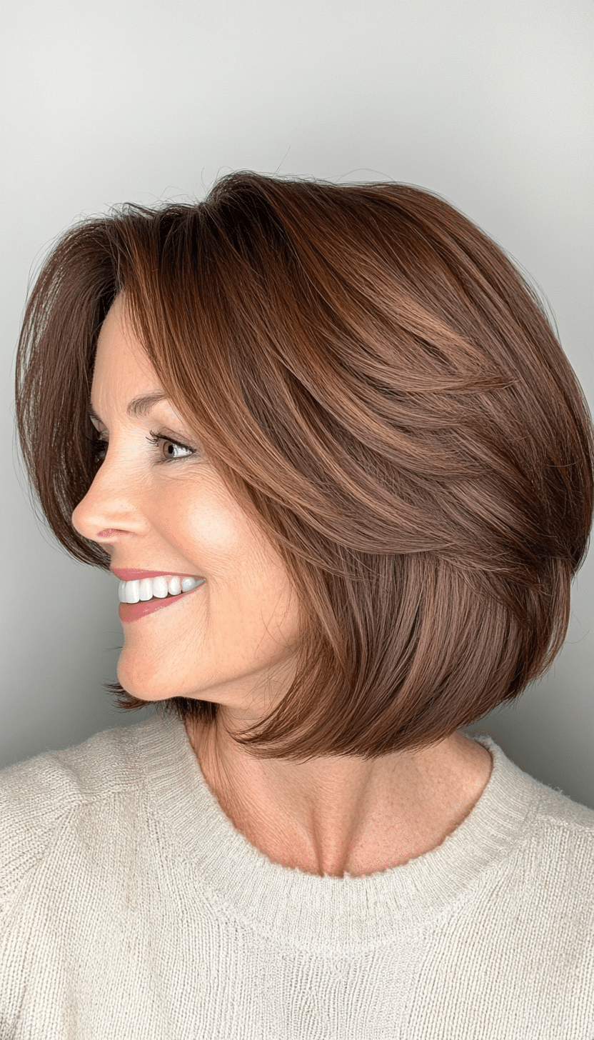 1. Soft Layered Bob in Warm Chestnut Brown (Haircuts For Women Over 50 With Fine Hair) - Haircuts For Women Over 50 With Fine Hair