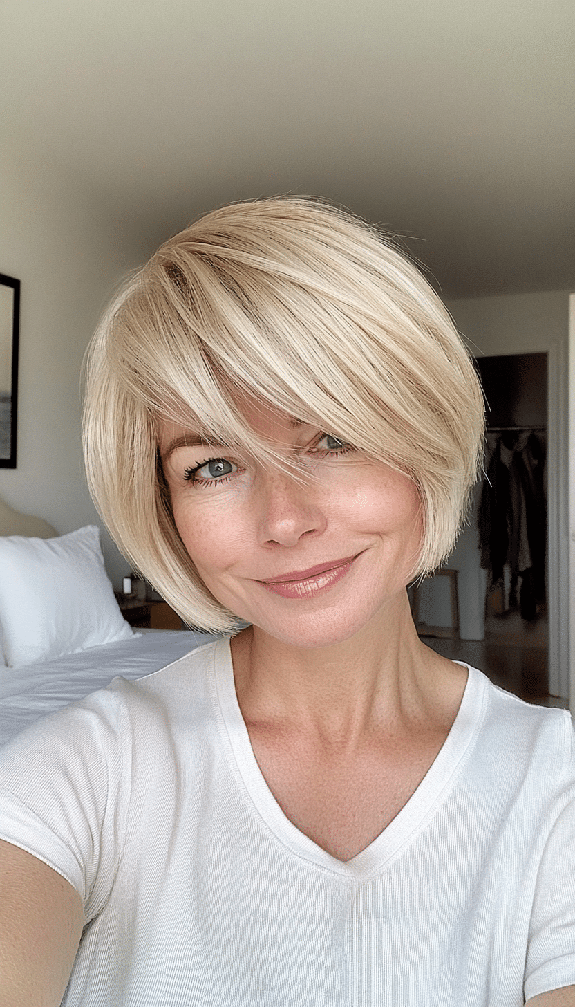 6. Short Crop with Side-Swept Bangs in Sandy Blonde (Haircuts For Women Over 50 With Fine Hair) - Haircuts For Women Over 50 With Fine Hair