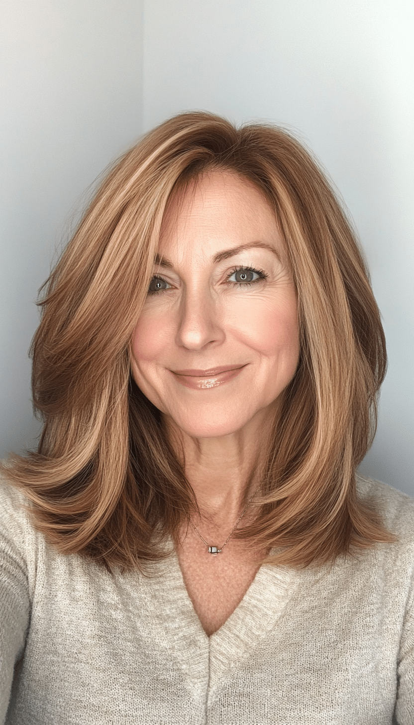 7. Layered Shoulder-Length Cut in Soft Honey Brown (Haircuts For Women Over 50 With Fine Hair) - Haircuts For Women Over 50 With Fine Hair