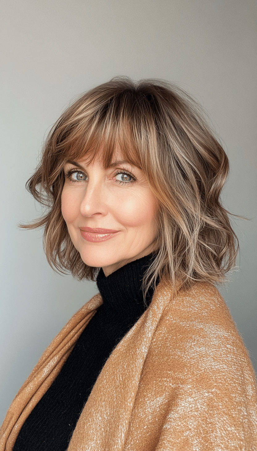 9. Wispy Bob with Bangs in Medium Golden Brown (Haircuts For Women Over 50 With Fine Hair) - Haircuts For Women Over 50 With Fine Hair