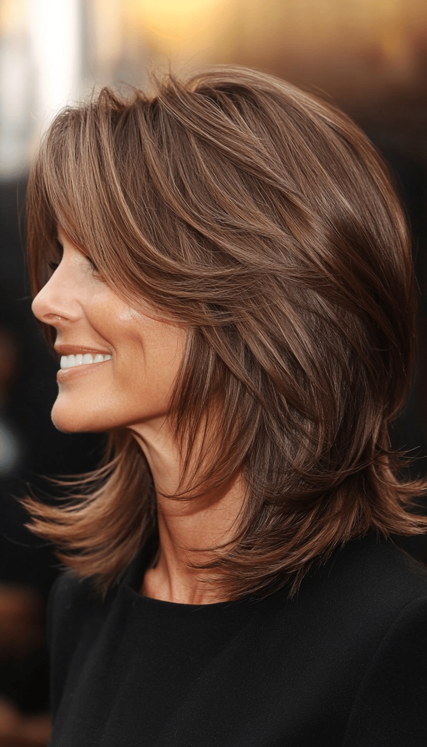 13. Shaggy Lob with Curtain Bangs in Caramel Brown (Haircuts For Women Over 50 With Fine Hair) - Haircuts For Women Over 50 With Fine Hair