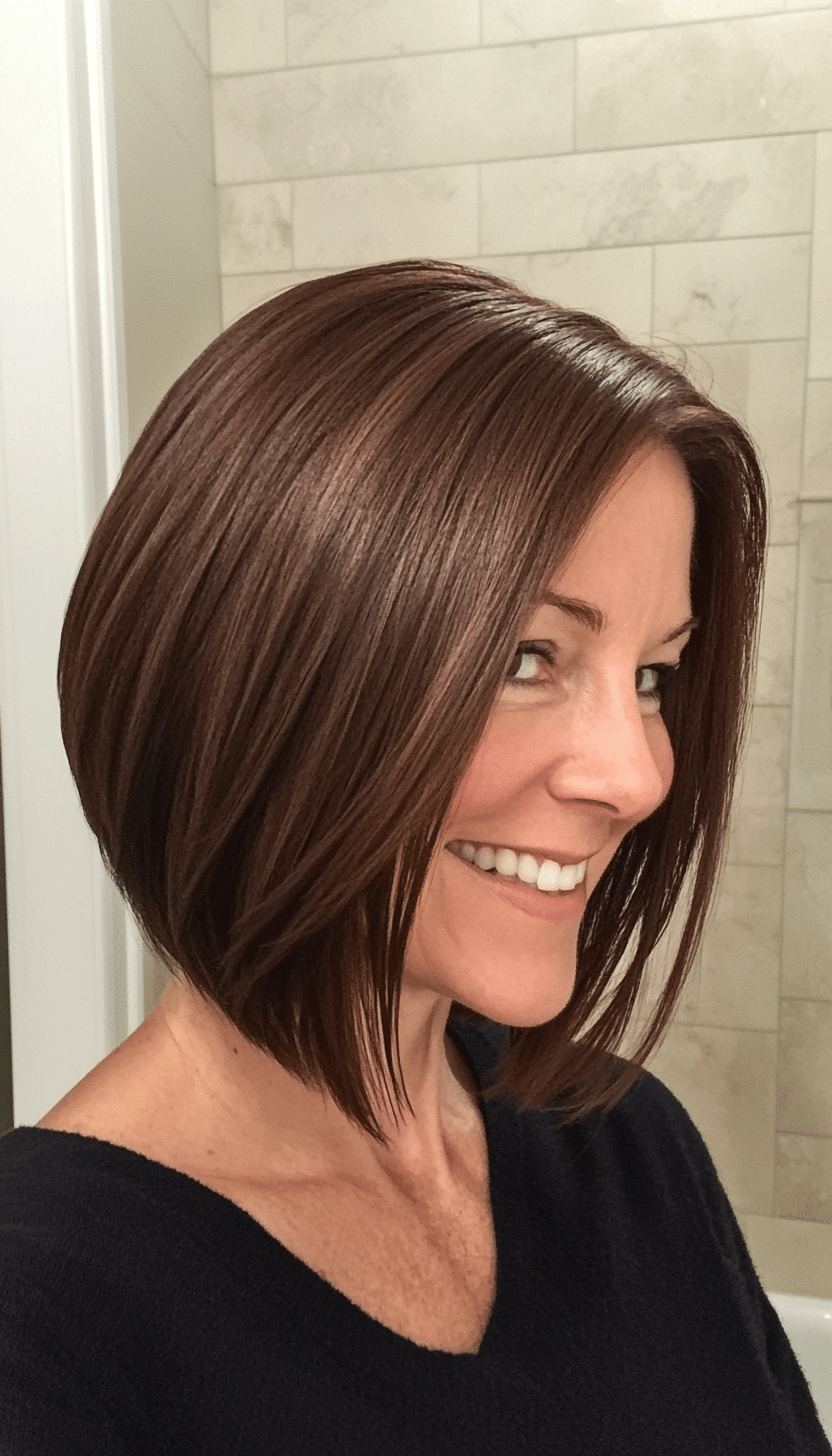 14. Angled Bob in Rich Chocolate Brown (Haircuts For Women Over 50 With Fine Hair) - Haircuts For Women Over 50 With Fine Hair