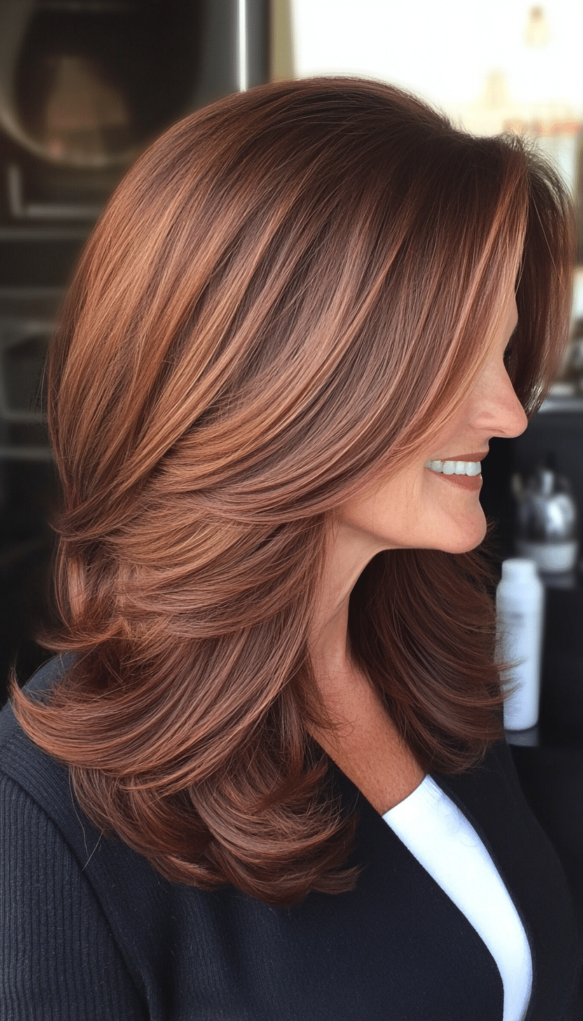 17. Mid-Length Layers in Dark Mahogany Brown (Haircuts For Women Over 50 With Fine Hair) - Haircuts For Women Over 50 With Fine Hair