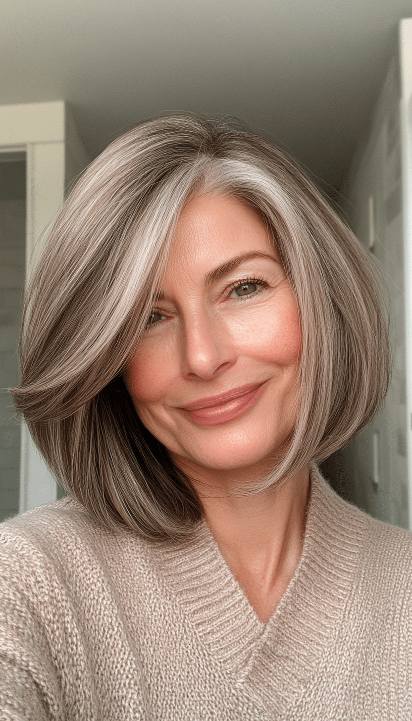 18. Blended Bob with Side Layers in Light Ash Brown (Haircuts For Women Over 50 With Fine Hair) - Haircuts For Women Over 50 With Fine Hair