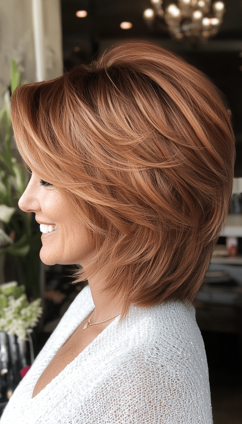 19. Tapered Layered Cut in Copper Brown (Haircuts For Women Over 50 With Fine Hair) - Haircuts For Women Over 50 With Fine Hair