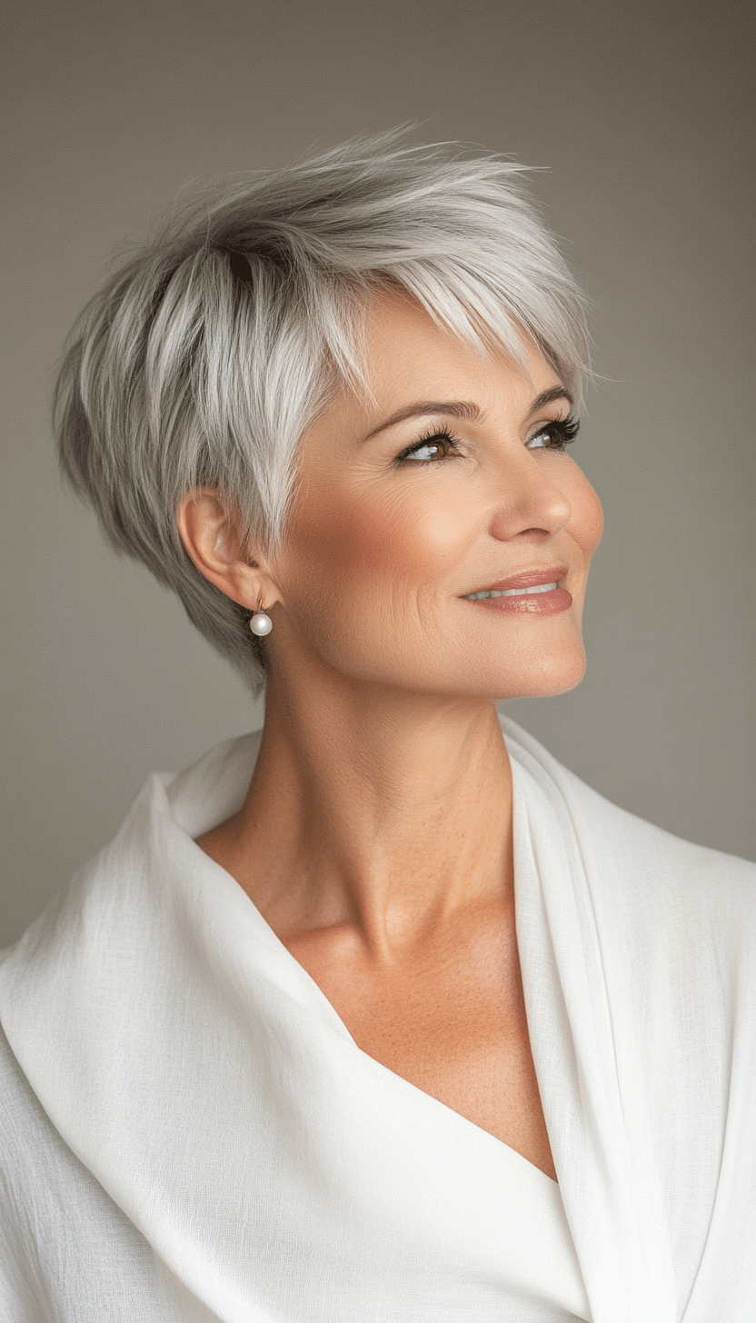 20. Choppy Pixie with Soft Fringe in Pearl Gray (Haircuts For Women Over 50 With Fine Hair) - Haircuts For Women Over 50 With Fine Hair