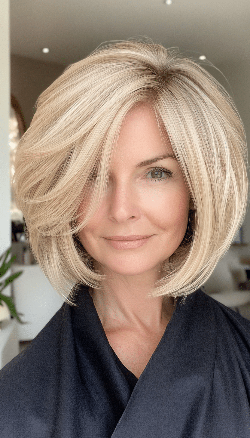 21. Volumized Short Bob in Warm Beige Blonde (Haircuts For Women Over 50 With Fine Hair) - Haircuts For Women Over 50 With Fine Hair