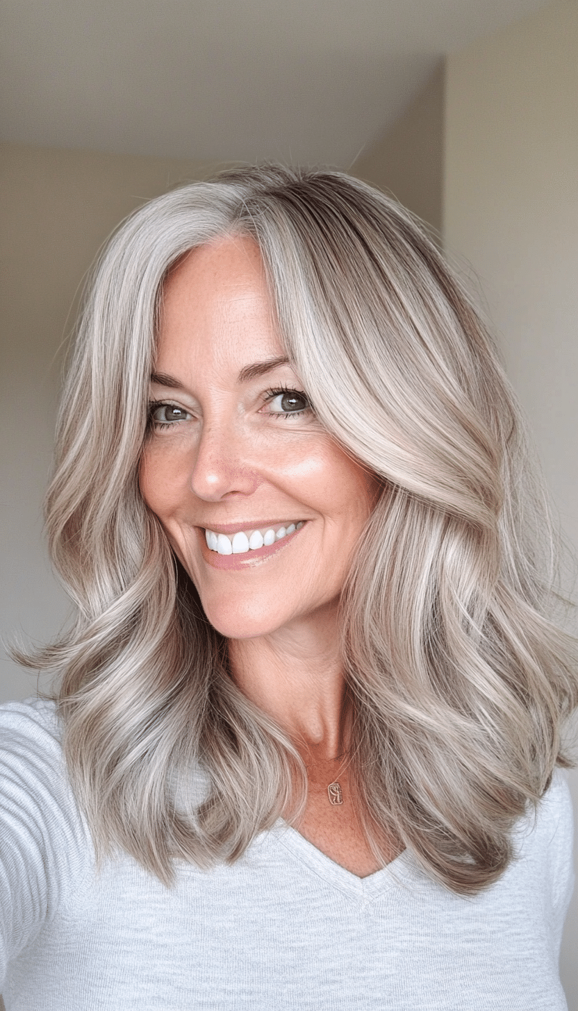 26. Layered Midi Cut with Subtle Waves in Ash Blonde (Haircuts For Women Over 50 With Fine Hair) - Haircuts For Women Over 50 With Fine Hair