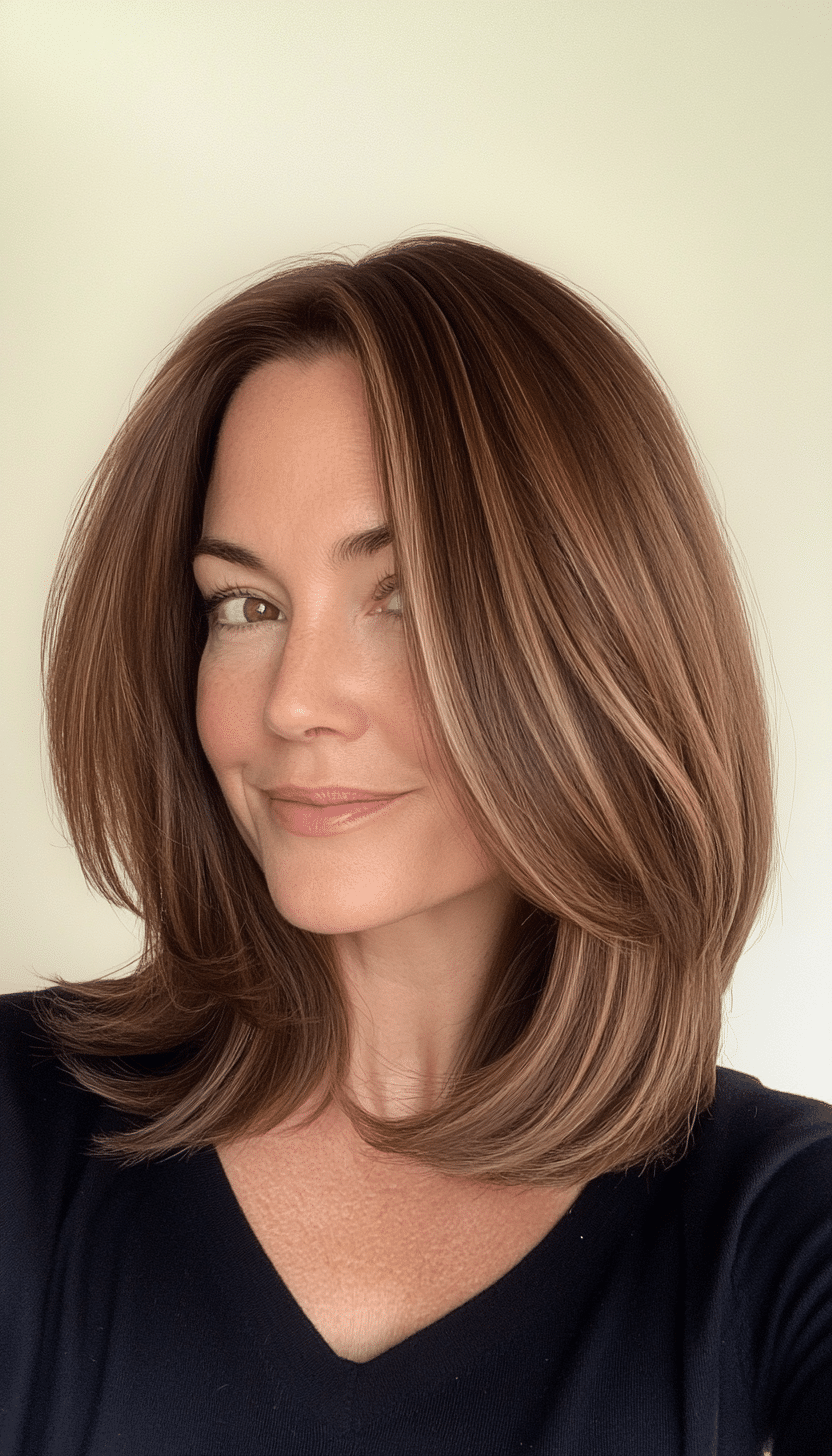 27. Face-Framing Long Bob in Warm Maple Brown (Haircuts For Women Over 50 With Fine Hair) - Haircuts For Women Over 50 With Fine Hair