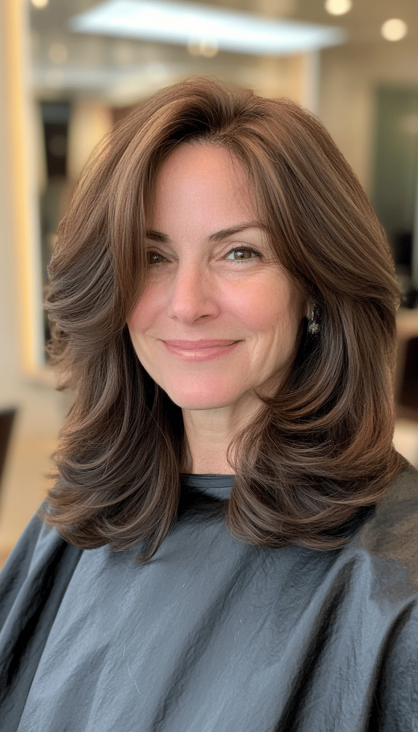 1. Feathered Layers in Dark Brown (Hairstyles For Women Over 50 With Thick Hair) - Hairstyles For Women Over 50 With Thick Hair