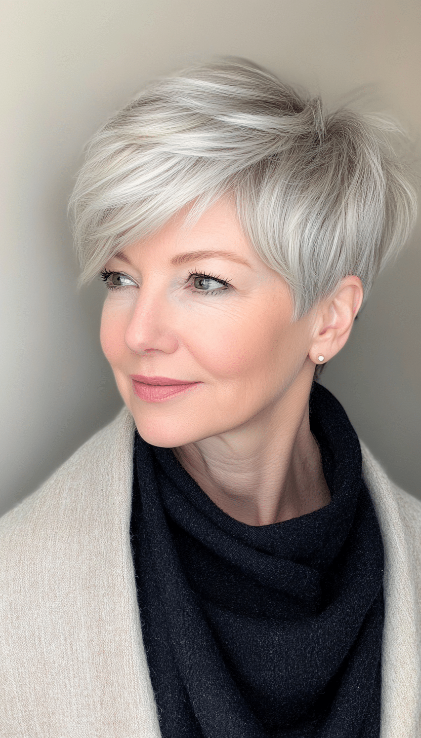 5. Pixie with Side-Swept Bangs in Soft Gray (Hairstyles For Women Over 50 With Thick Hair) - Hairstyles For Women Over 50 With Thick Hair