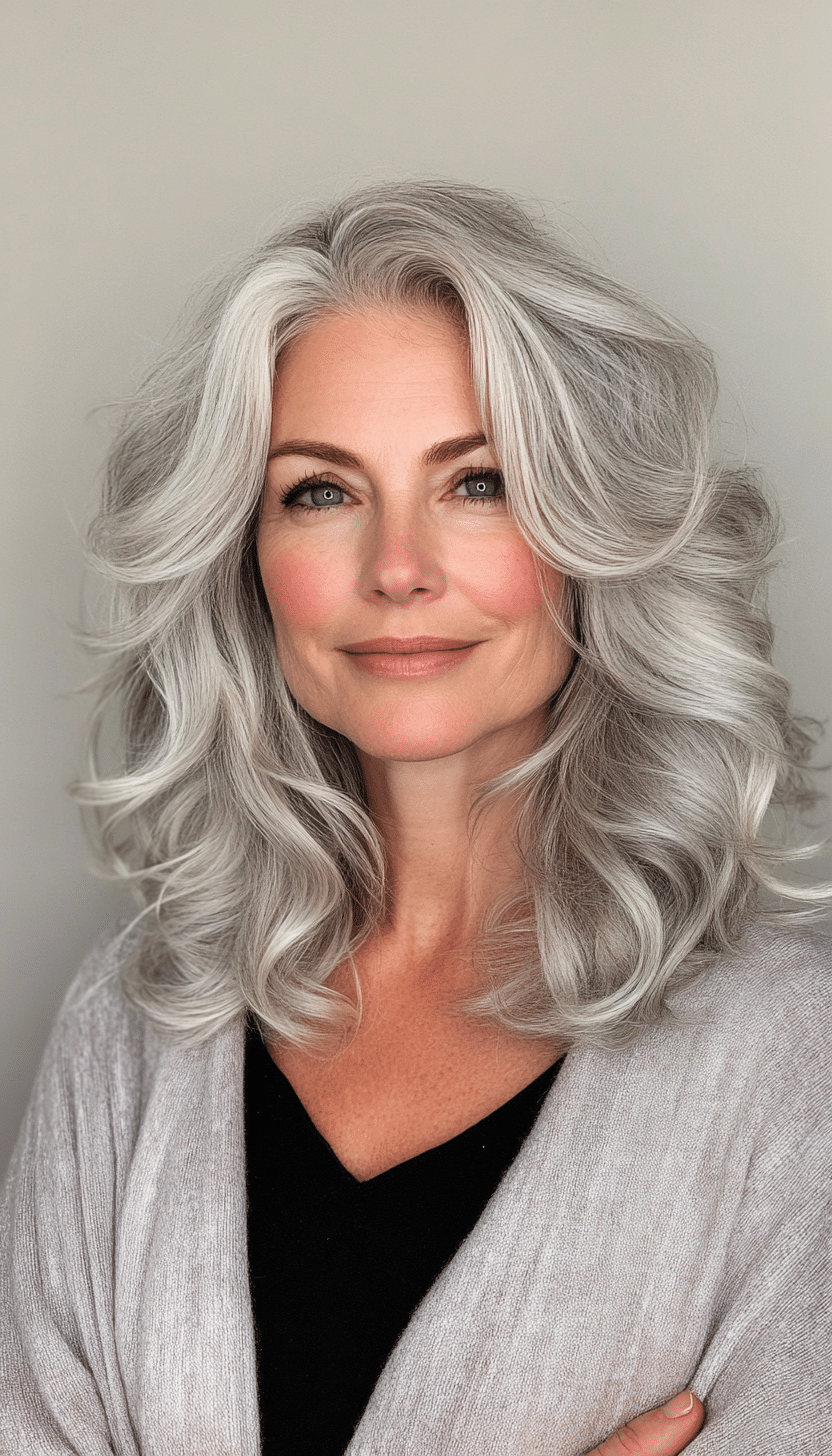 9. Voluminous Curls with Long Layers in Silver Blonde (Hairstyles For Women Over 50 With Thick Hair) - Hairstyles For Women Over 50 With Thick Hair