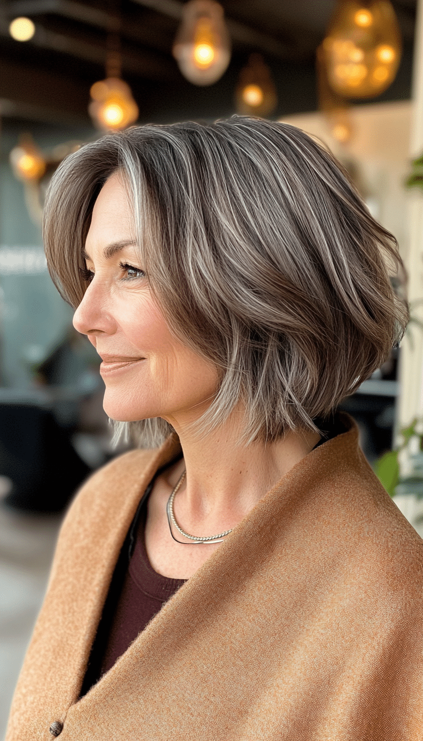 10. Short Textured Bob in Salt-and-Pepper Blend (Hairstyles For Women Over 50 With Thick Hair) - Hairstyles For Women Over 50 With Thick Hair
