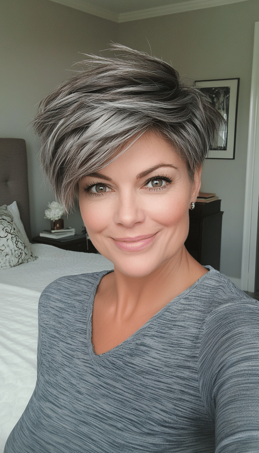 13. Choppy Pixie with Tapered Sides in Cool Ash Gray (Hairstyles For Women Over 50 With Thick Hair) - Hairstyles For Women Over 50 With Thick Hair