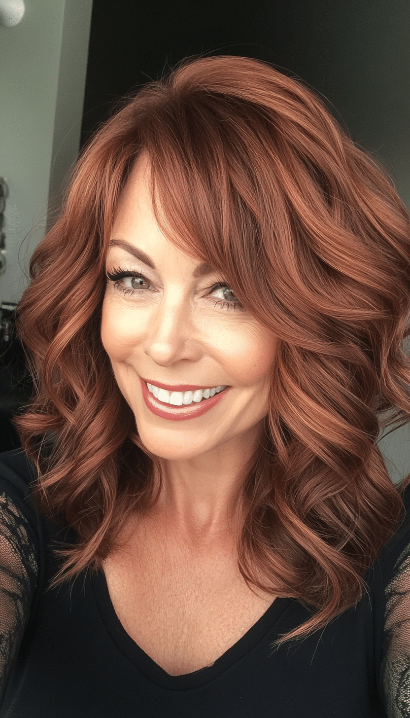 14. Wavy Collarbone Cut in Rich Mahogany (Hairstyles For Women Over 50 With Thick Hair) - Hairstyles For Women Over 50 With Thick Hair