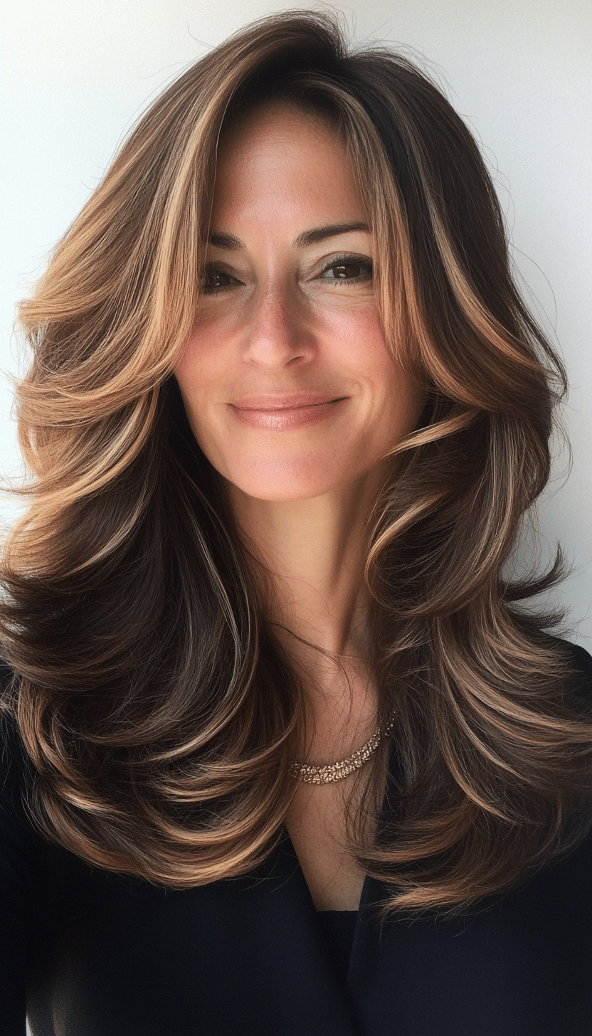17. Layered Mid-Length Waves in Dark Caramel (Hairstyles For Women Over 50 With Thick Hair) - Hairstyles For Women Over 50 With Thick Hair