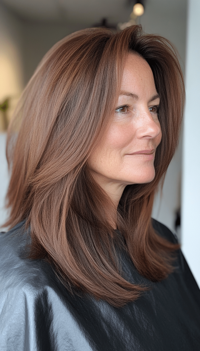 19. Long Straight Cut with Side Bangs in Chestnut Brown (Hairstyles For Women Over 50 With Thick Hair) - Hairstyles For Women Over 50 With Thick Hair