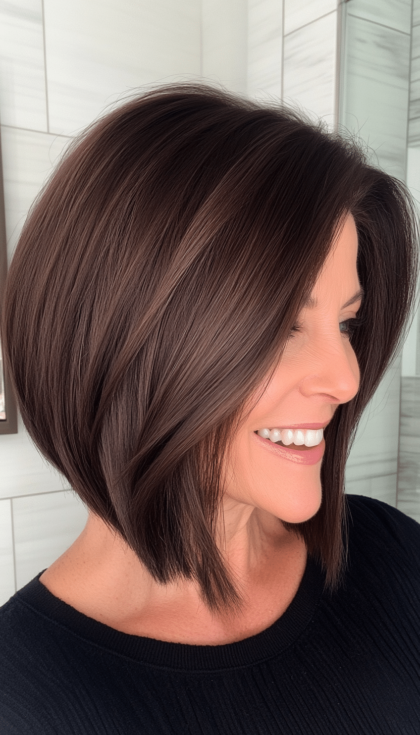 21. Modern Angled Bob in Dark Chocolate Brown (Hairstyles For Women Over 50 With Thick Hair) - Hairstyles For Women Over 50 With Thick Hair