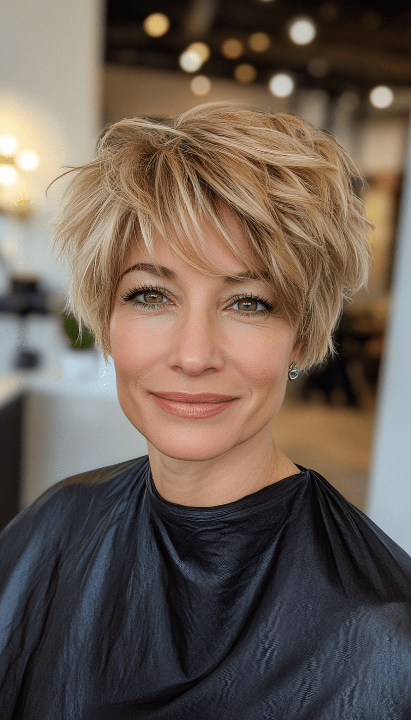 22. Messy Pixie with Choppy Layers in Warm Beige Blonde (Hairstyles For Women Over 50 With Thick Hair) - Hairstyles For Women Over 50 With Thick Hair