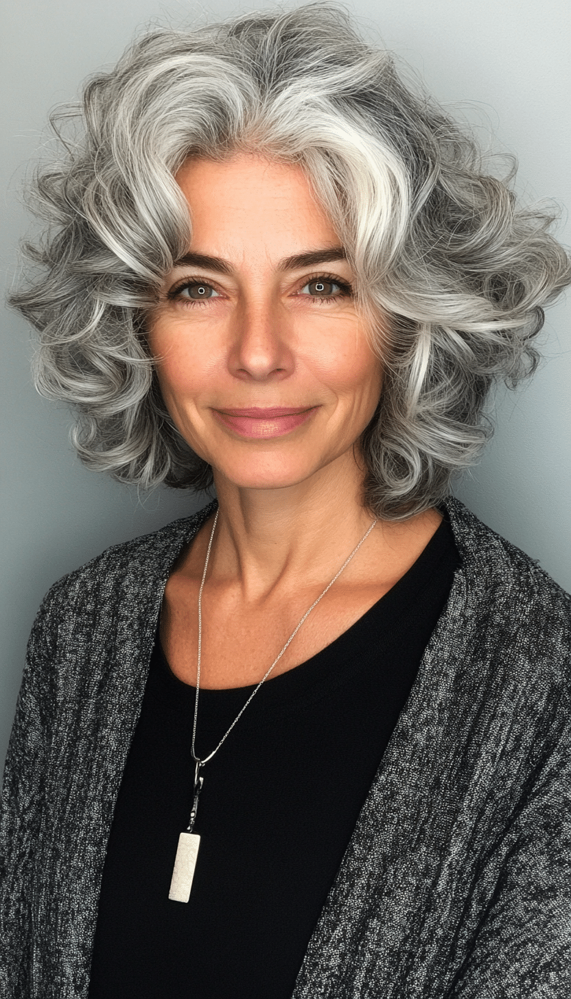 24. Curly Mid-Length Cut in Natural Gray Blend (Hairstyles For Women Over 50 With Thick Hair) - Hairstyles For Women Over 50 With Thick Hair