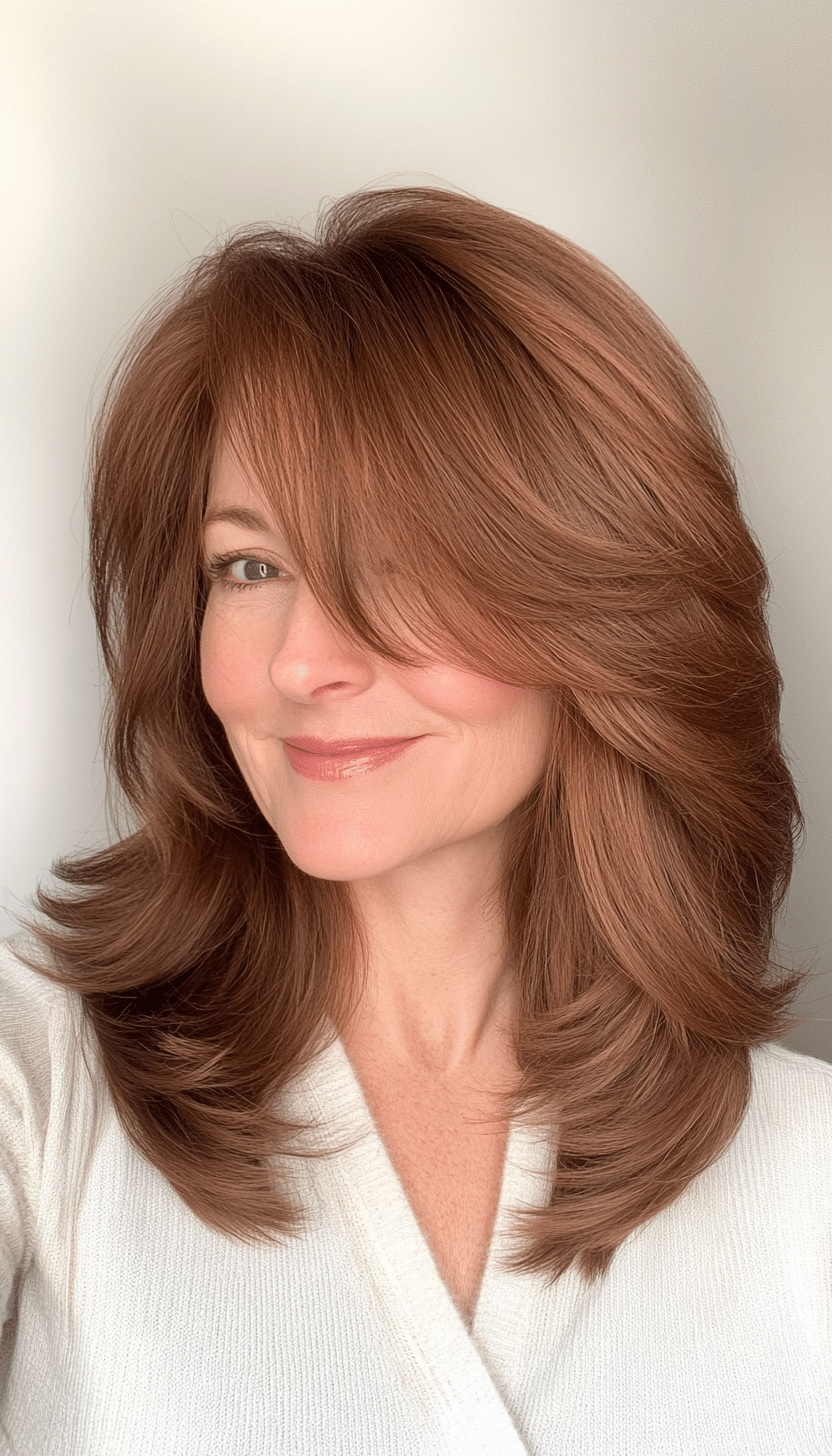 25. Soft Shag with Side-Swept Bangs in Cinnamon Brown (Hairstyles For Women Over 50 With Thick Hair) - Hairstyles For Women Over 50 With Thick Hair
