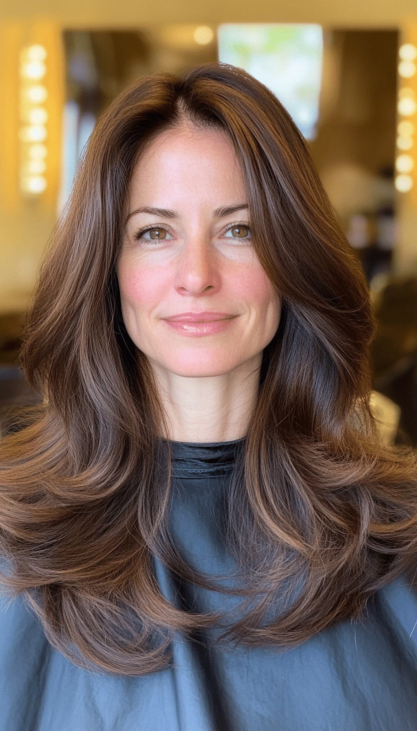 26. Long Layers with Face-Framing Pieces in Deep Chestnut (Hairstyles For Women Over 50 With Thick Hair) - Hairstyles For Women Over 50 With Thick Hair