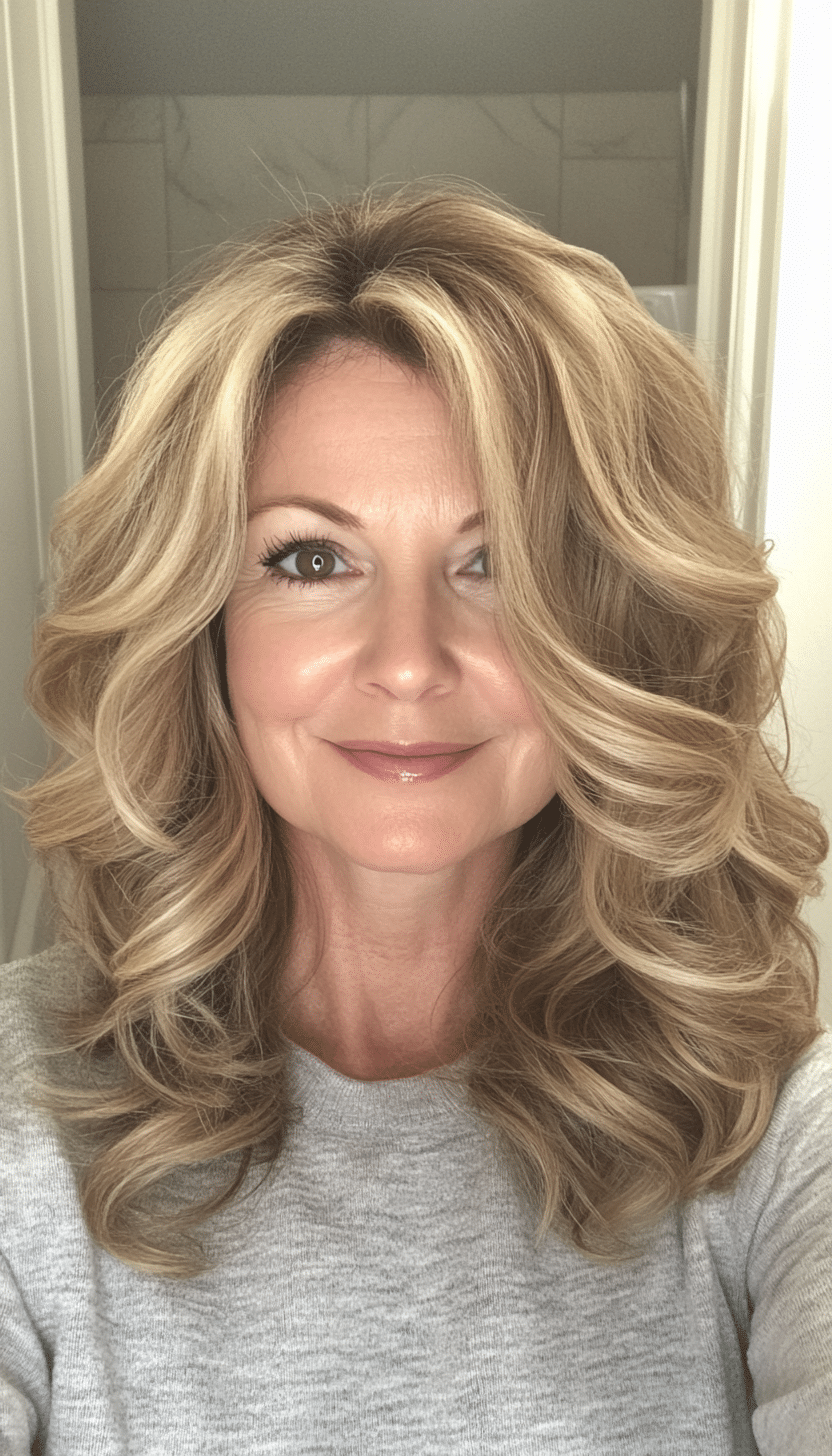 27. Shoulder-Length Curls in Warm Honey Blonde (Hairstyles For Women Over 50 With Thick Hair) - Hairstyles For Women Over 50 With Thick Hair