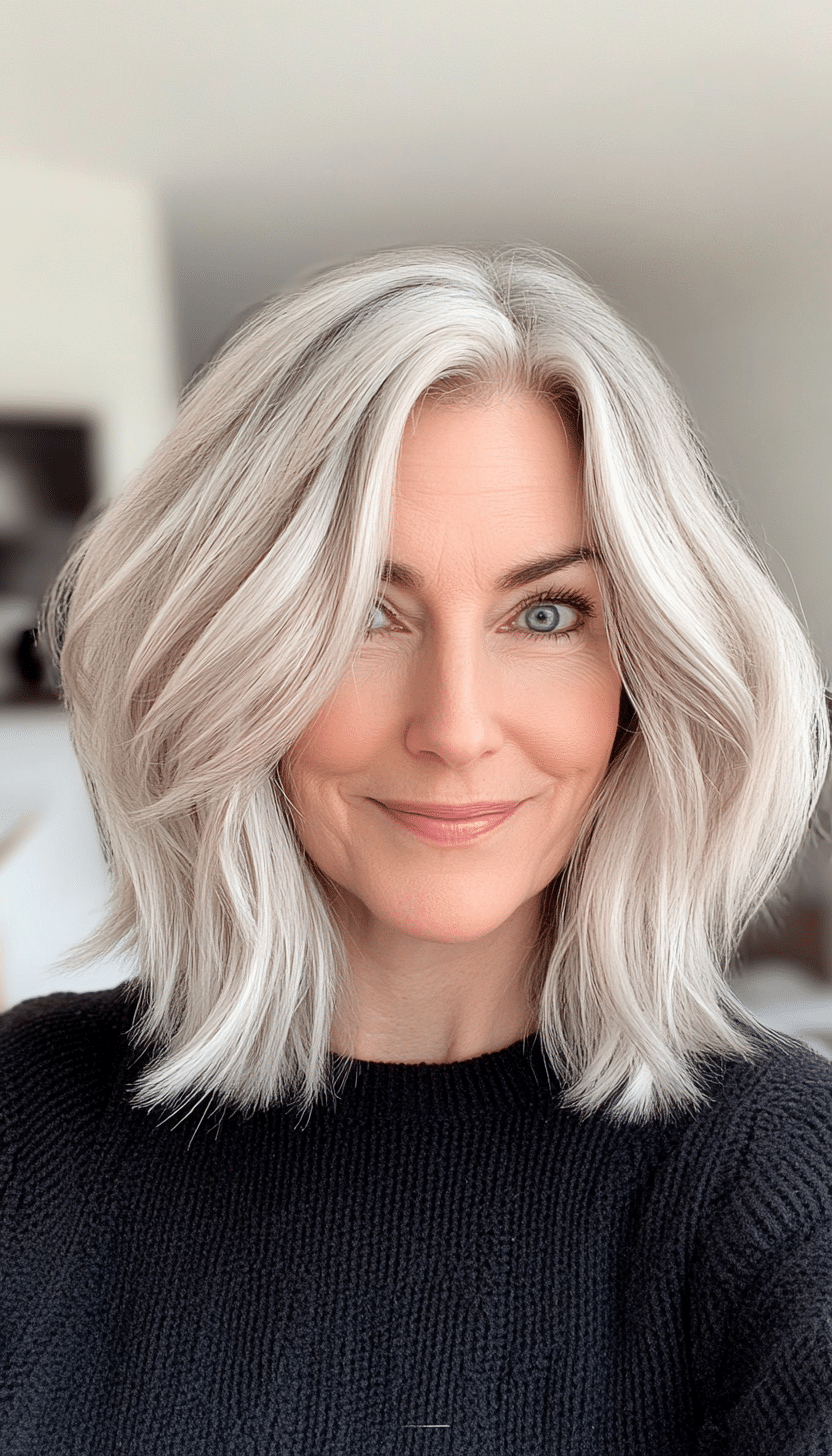 1. Feathered Lob in Silver Blonde (Medium Length Haircuts For Women Over 60) - Medium Length Haircuts For Women Over 60