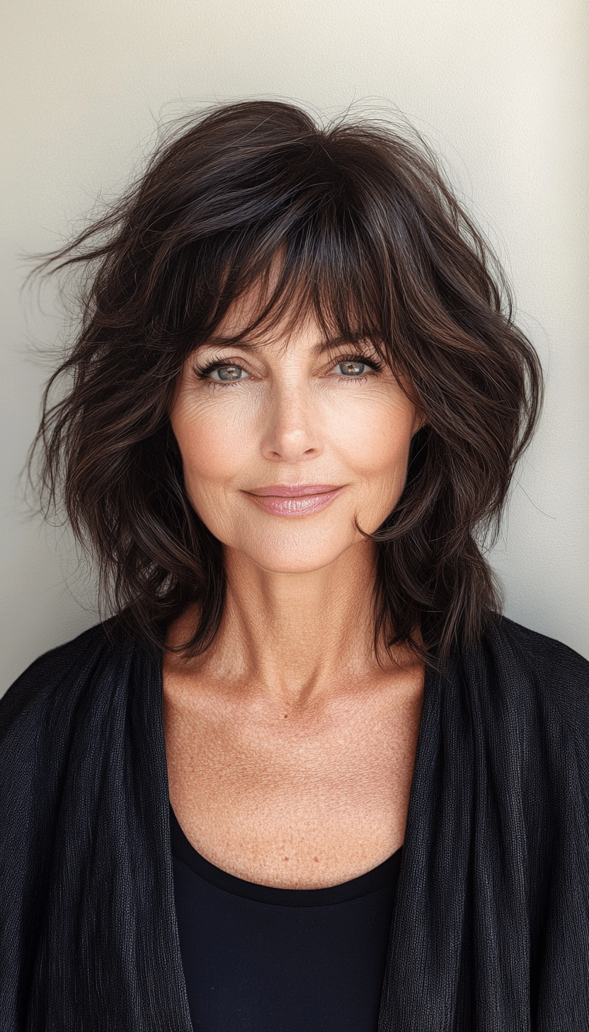 11. Soft Shag with Curtain Bangs in Cool Dark Brown (Medium Length Haircuts For Women Over 60) - Medium Length Haircuts For Women Over 60