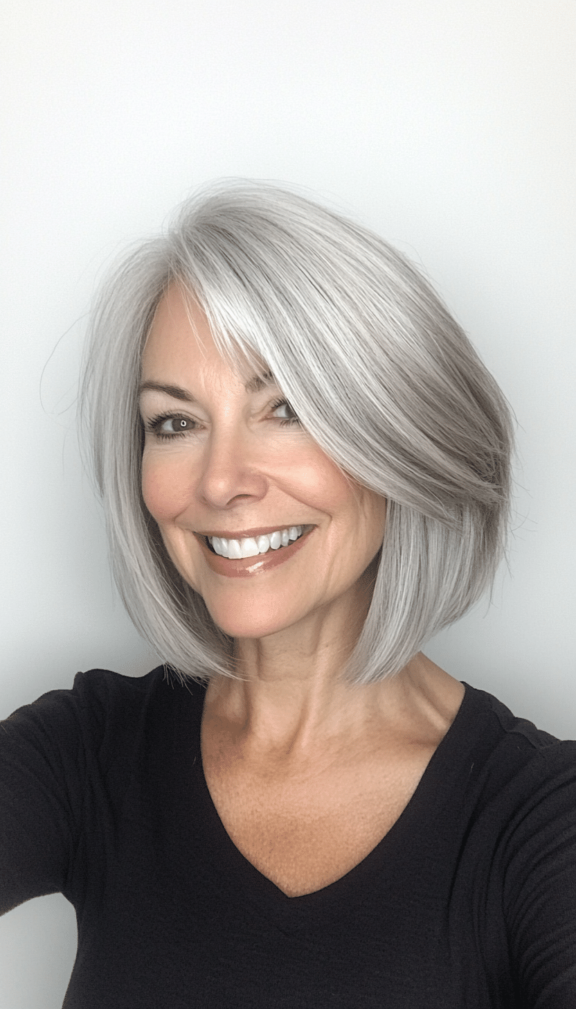 13. Textured Bob with Side-Swept Bangs in Smoky Silver (Medium Length Haircuts For Women Over 60) - Medium Length Haircuts For Women Over 60