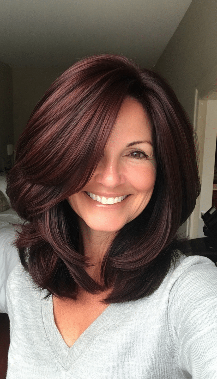 14. Shoulder-Length Choppy Cut in Dark Mahogany (Medium Length Haircuts For Women Over 60) - Medium Length Haircuts For Women Over 60
