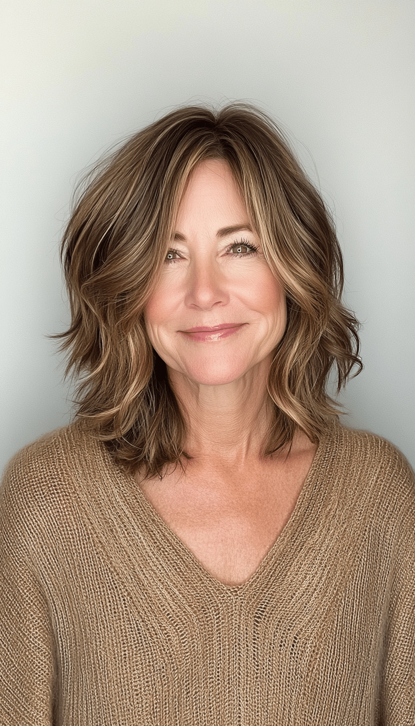 17. Softly Tousled Lob in Golden Brown (Medium Length Haircuts For Women Over 60) - Medium Length Haircuts For Women Over 60