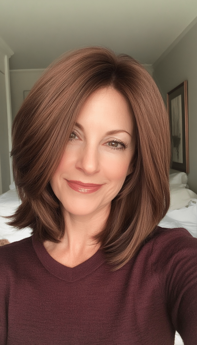 23. Subtle Layered Lob in Deep Chestnut (Medium Length Haircuts For Women Over 60) - Medium Length Haircuts For Women Over 60